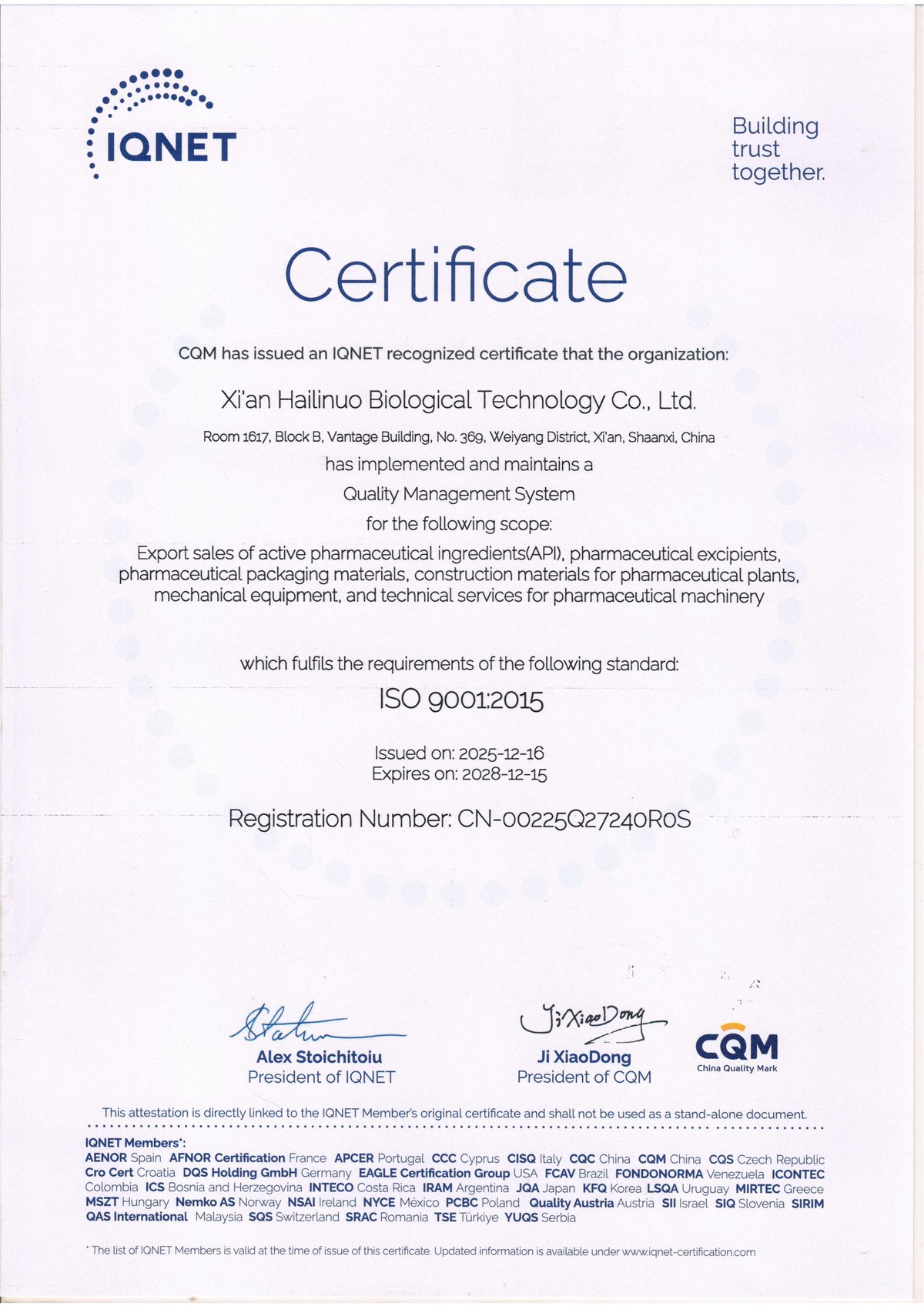 ISO 9001 Certificate - IQNET